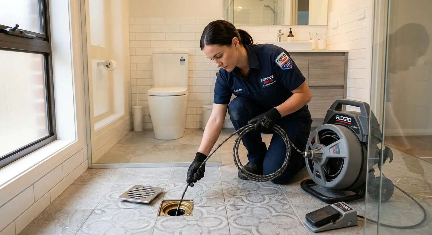 Technician clearing a bathroom floor drain for Hydro Jetting in Auburn